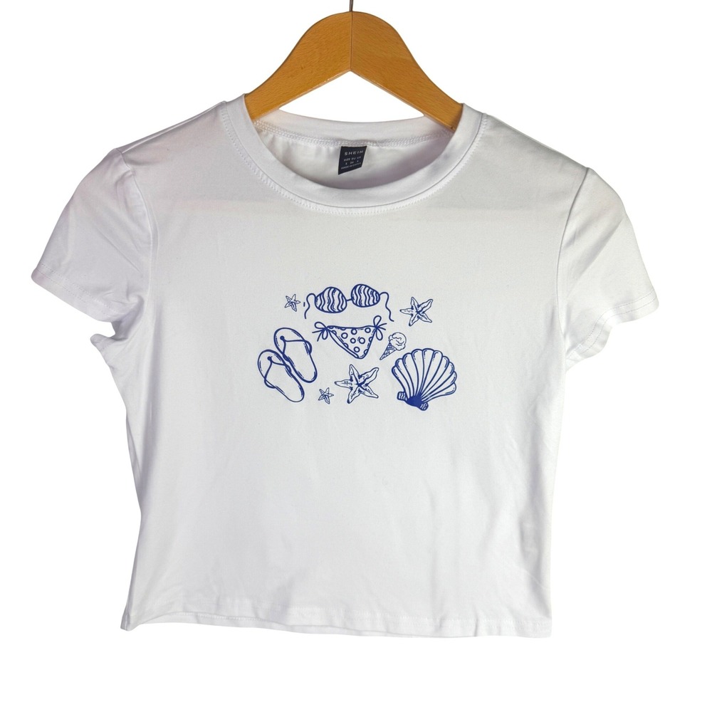 SHEIN‎ Womens White Beach Graphic T-Shirt Short Sleeve Summer Sea Shell Small